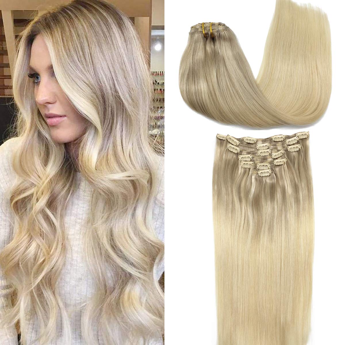 Ash Blonde to Golden Blonde and Platinum Blonde Clip In Remy Hair Extensions