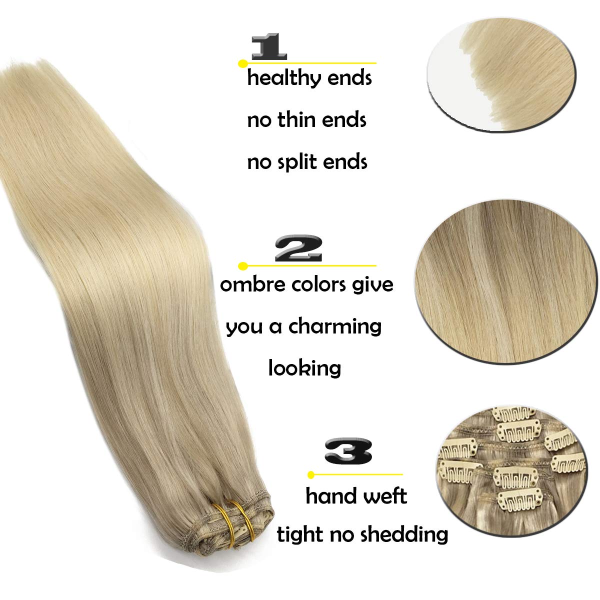 Ash Blonde to Golden Blonde and Platinum Blonde Clip In Remy Hair Extensions