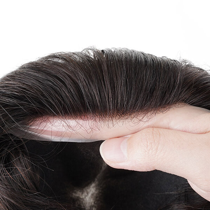 Human Hair Replacement System Thin Skin 0.08mm Single Knot Toupee